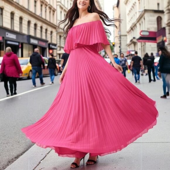 Hot Pink Women's Off Shoulder Pleated Maxi Dress - Fuchsia Flowy Boho Chic L - Picture 2 of 9
